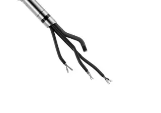 A close-up of a cut black cable with three exposed wires, each with metal tips, against a white background. 